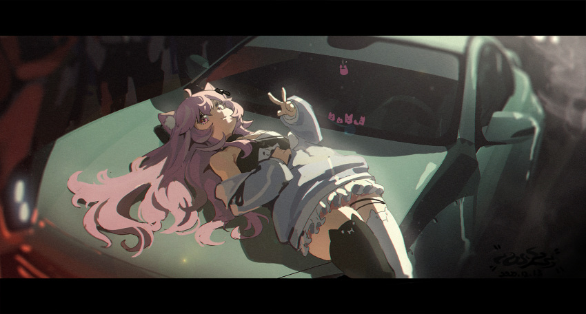 1girl animal_ears bangs bare_shoulders car cat_ears ground_vehicle hair_ornament highres iron_vertex long_hair motor_vehicle nyanners_(character) nyatasha_nyanners on_vehicle pink_hair skirt smile sports_car thigh-highs vehicle violet_eyes vshojo waterkuma