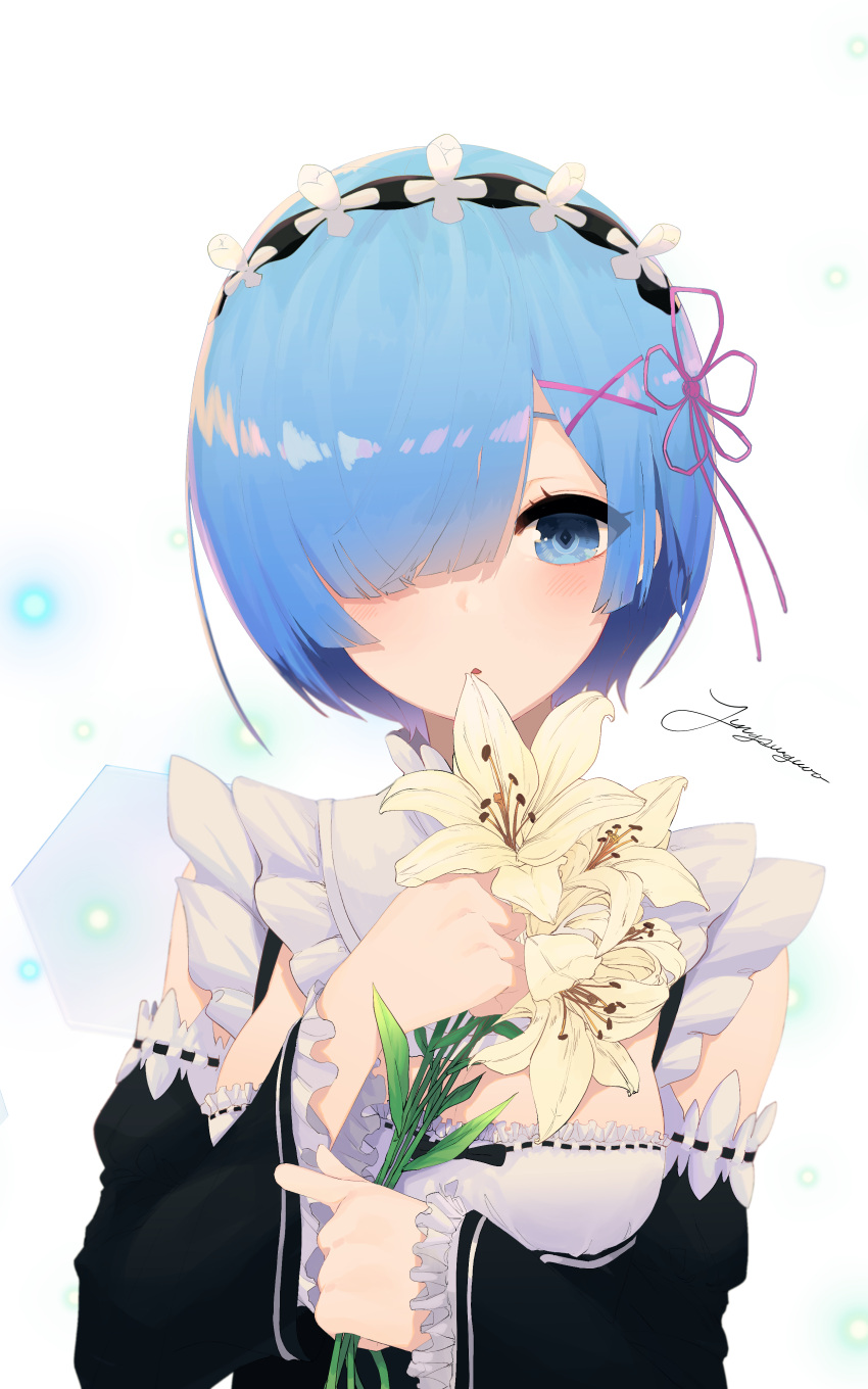 1girl absurdres black_hairband black_sleeves blue_eyes blue_hair blush bouquet detached_collar detached_sleeves flower hair_flower hair_ornament hair_over_one_eye hair_ribbon hairband head_wreath highres holding holding_bouquet jungsungwoo lily_(flower) long_sleeves looking_at_viewer pink_ribbon re:zero_kara_hajimeru_isekai_seikatsu rem_(re:zero) ribbon ribbon-trimmed_sleeves ribbon_trim roswaal_mansion_maid_uniform shiny shiny_hair short_hair signature solo upper_body white_background white_flower x_hair_ornament