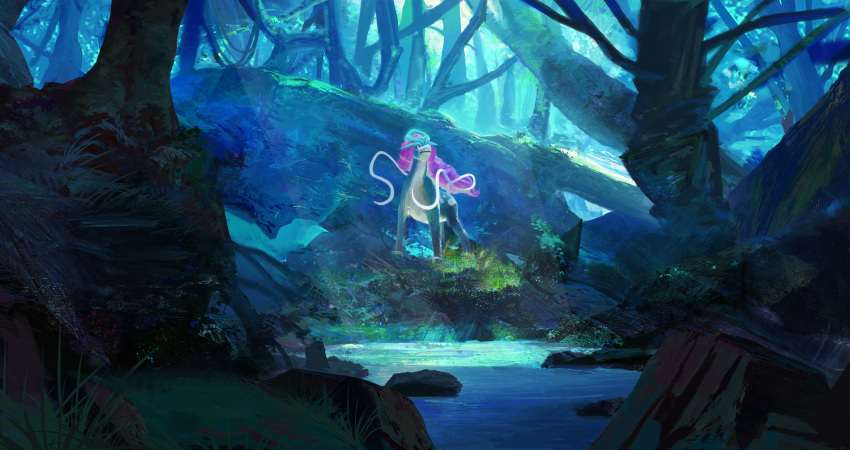 closed_mouth commentary_request day forest gen_2_pokemon grass highres iyomon_(iyomooon) legendary_pokemon light_beam looking_up moss nature no_humans outdoors plant pokemon pokemon_(creature) red_eyes standing suicune tree vines water