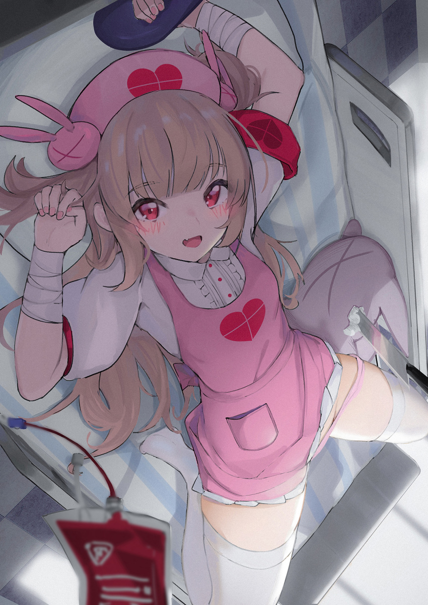 &gt;_&lt; 1girl :d apron armband arms_up bangs bed blood blood_bag blurry blurry_foreground blush breasts brown_hair bunny_hair_ornament center_frills checkered checkered_floor depth_of_field eggplant eyebrows_visible_through_hair fang food frills groin hair_ornament hat heart highres holding holding_food hospital_bed indoors knife long_hair looking_at_viewer lying nail_polish natori_sana nurse_cap on_back on_bed open_mouth panties pink_apron pink_headwear pink_nails pink_panties pleated_skirt puffy_short_sleeves puffy_sleeves red_eyes sana_channel shirt shiyashiki short_sleeves skirt skirt_lift small_breasts smile solo stuffed_animal stuffed_bunny stuffed_toy two_side_up underwear very_long_hair virtual_youtuber white_shirt white_skirt