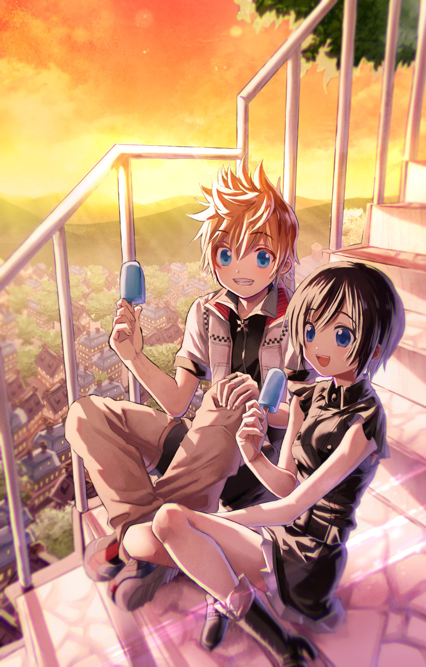 1boy 1girl black_hair blonde_hair blue_eyes boots city food highres ice_cream jacket kingdom_hearts kingdom_hearts_iii maimai_melc mountainous_horizon open_mouth popsicle roxas sitting skirt sleeveless spiky_hair stairs sunset tree xion_(kingdom_hearts)