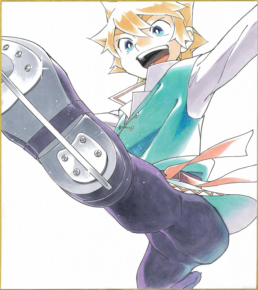 1boy absurdres belt black_pants blonde_hair blue_eyes figure_skating green_vest highres hikami_no_crown ice_skates ice_skating long_sleeves marker_(medium) open_mouth pants screw shirt short_hair simple_background skates skating smile solo sparkle tayama_midori traditional_media vest white_background white_shirt