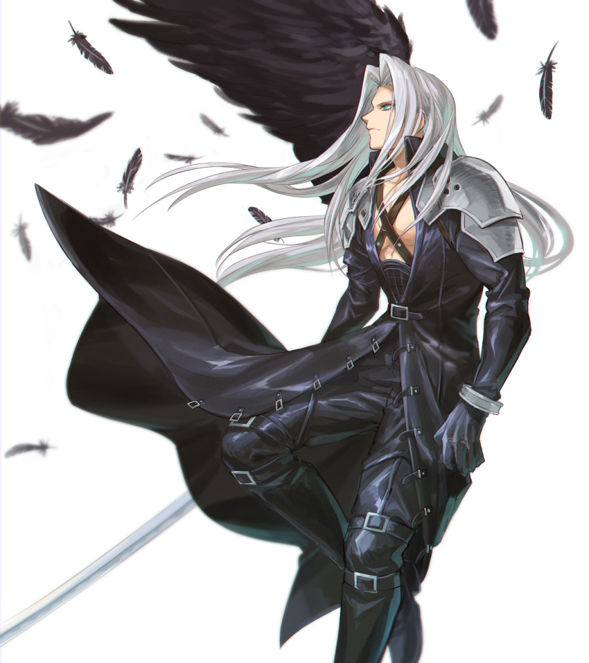 1boy absurdres armor black_coat black_footwear black_gloves black_pants black_wings blue_eyes boots chest_harness closed_mouth coat falling_feathers feathered_wings feet_out_of_frame final_fantasy final_fantasy_vii gloves harness highres holding holding_sword holding_weapon huge_filesize katana long_coat long_hair long_sleeves looking_away male_focus masamune_(ffvii) nemoto_yuuma pants pauldrons profile sephiroth shoulder_armor silver_hair simple_background single_wing solo sword weapon white_background wings