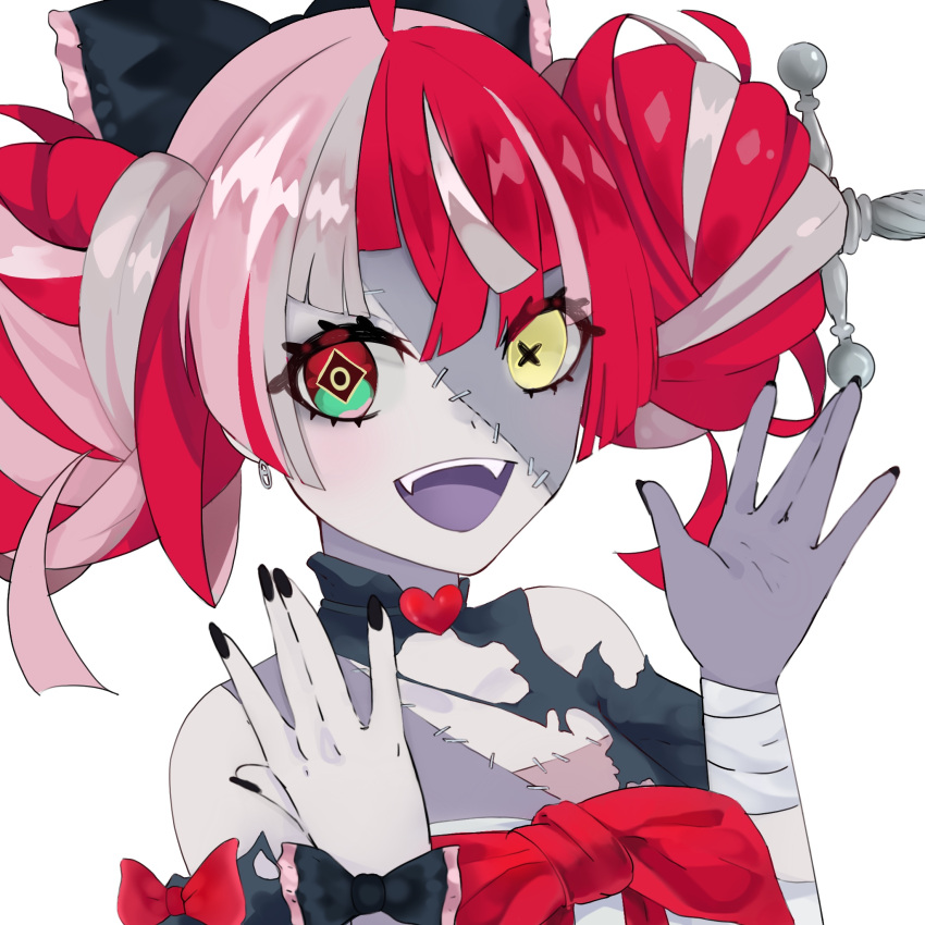 1girl \||/ bandaged_wrist black_bow black_dress black_nails bow colored_skin double_bun dress earrings fangs fingernails flat_chest grey_hair grey_skin grey_skirt hands_up heart_collar heterochromia highres hololive hololive_indonesia jewelry kureiji_ollie laughing looking_at_viewer messy_hair multicolored_hair pink_hair ralucadraws redhead ring_pull simple_background skirt solo sword torn_clothes torn_dress two-tone_hair virtual_youtuber weapon white_background yellow_eyes