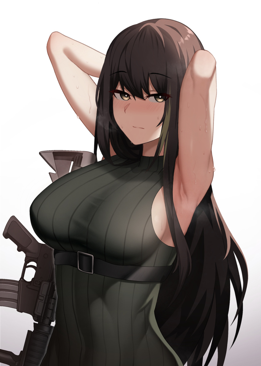 1girl armpits arms_behind_head arms_up assault_rifle bare_arms bare_shoulders belt black_hair black_sweater breasts brown_eyes cero_(last2stage) closed_mouth commission girls_frontline gradient gradient_background gun highres large_breasts long_hair looking_at_viewer m4_carbine m4a1_(girls_frontline) ribbed_sweater rifle sleeveless sleeveless_sweater solo sweat sweater taut_clothes taut_sweater upper_body very_long_hair weapon white_background