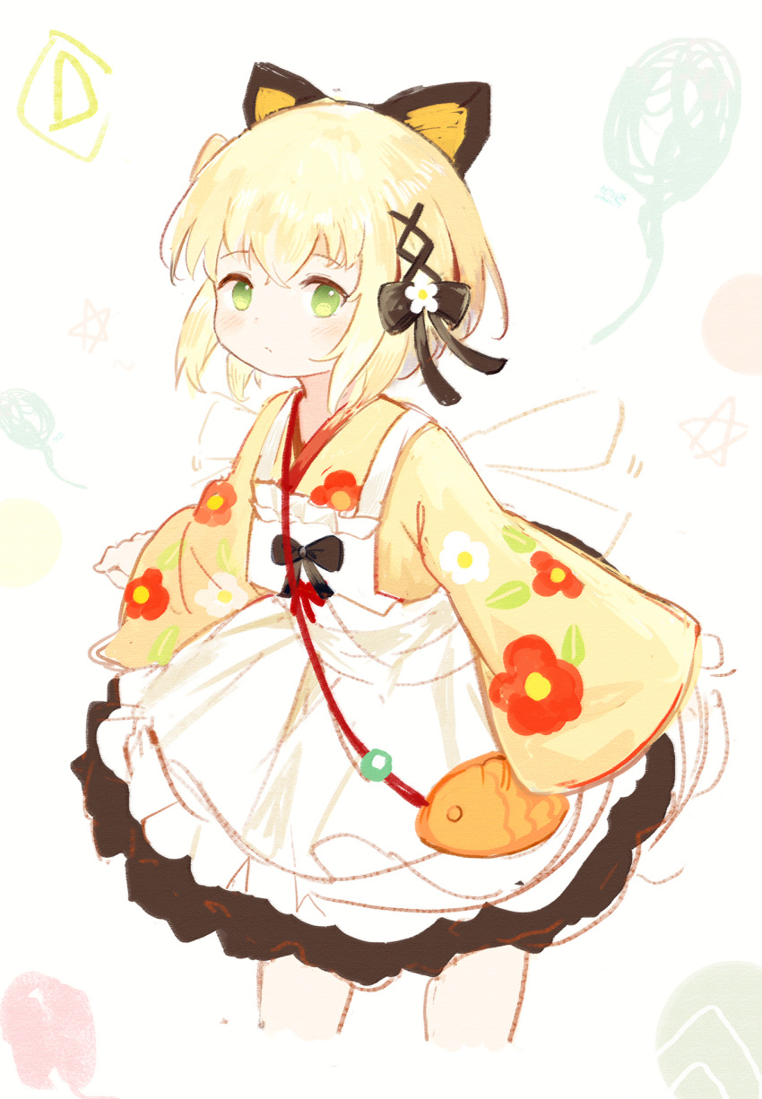 1girl animal_ears apron bangs black_bow black_skirt blonde_hair blush bow brown_kimono closed_mouth commentary_request cropped_legs eyebrows_visible_through_hair floral_print flower frilled_apron frills green_eyes hair_between_eyes hair_bow hair_ornament highres japanese_clothes kimono leilin long_sleeves looking_at_viewer one_side_up original print_kimono short_hair skirt sleeves_past_wrists solo white_apron white_flower wide_sleeves x_hair_ornament