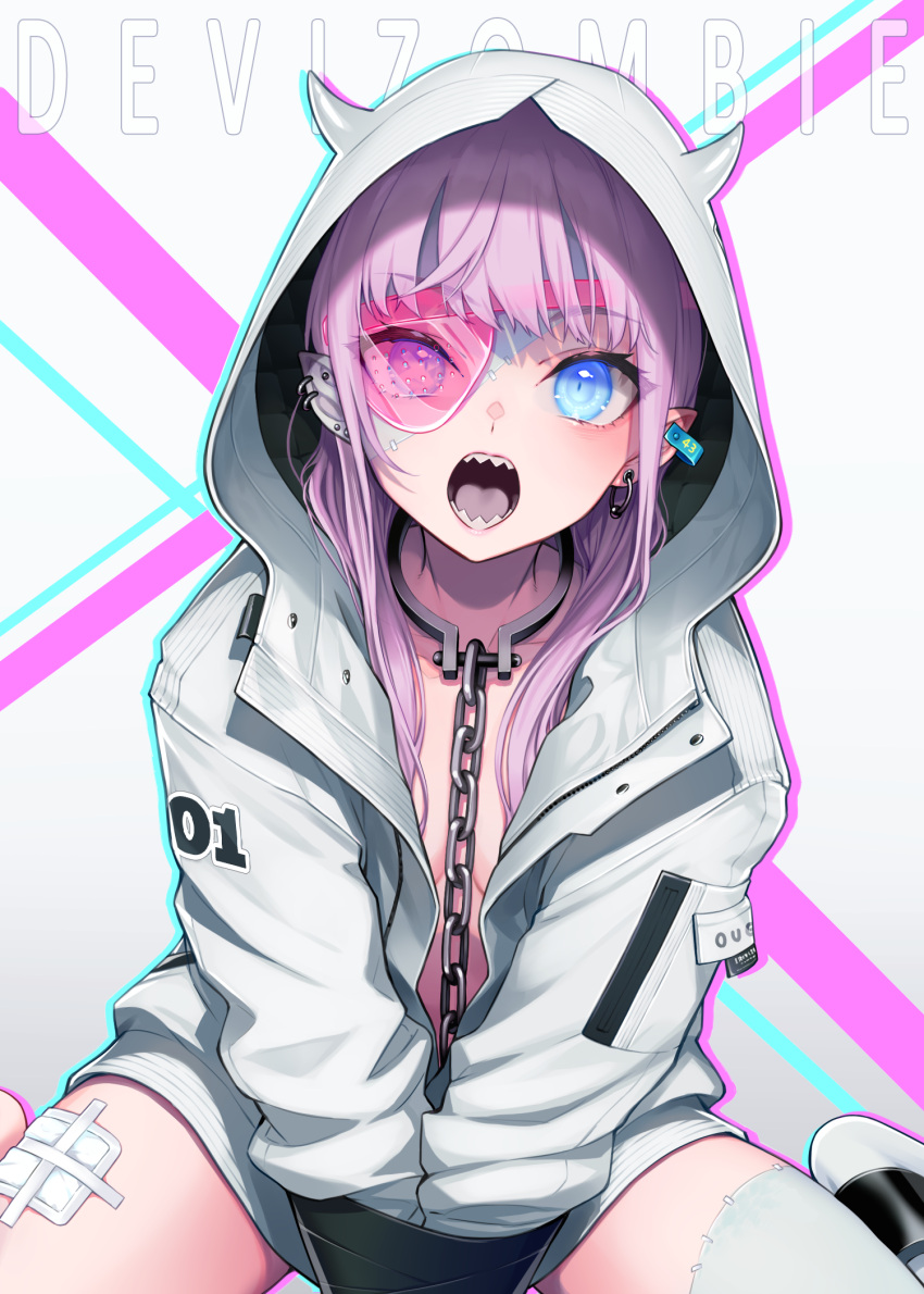1girl between_legs blue_eyes breasts chain chimachi collar ear_piercing earrings fake_horns grey_background hand_between_legs highres hood hood_up hooded_jacket horned_hood horns jacket jewelry metal_collar naked_jacket open_mouth original piercing pink_hair pointy_ears sharp_teeth sitting small_breasts solo stitches teeth wariza white_jacket zombie