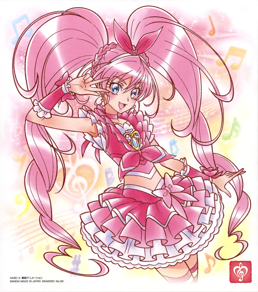 1girl :d armpits bangs blue_eyes choker collarbone crop_top cropped_legs cure_melody eyebrows_visible_through_hair floating_hair hair_between_eyes highres layered_skirt long_hair looking_at_viewer miniskirt open_mouth pink_choker pink_hair pink_skirt precure shiny shiny_hair skirt smile solo striped striped_legwear suite_precure thigh-highs twintails two-tone_skirt v_over_eye very_long_hair white_background white_skirt zettai_ryouiki