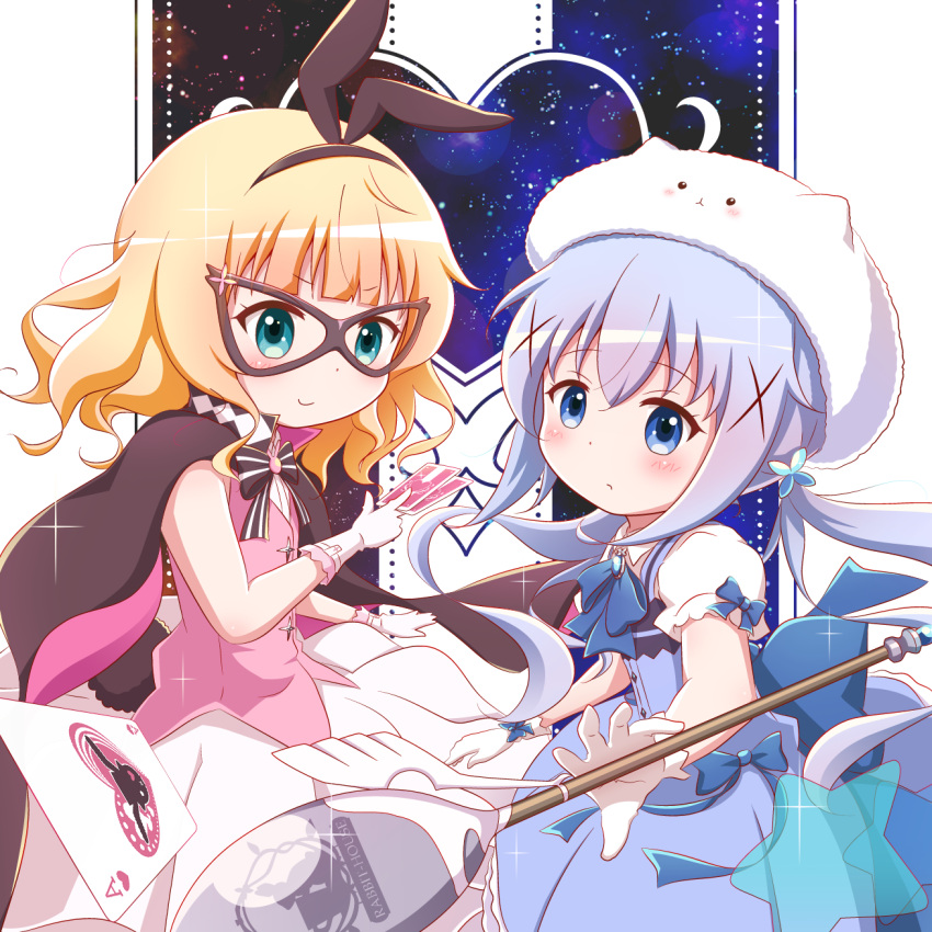 2girls ace_of_hearts animal_ears bangs between_fingers black_bow black_hairband blonde_hair blue_bow blue_dress blue_eyes blue_hair blush bow card character_hat closed_mouth collared_shirt commentary_request cosplay dress eyebrows_visible_through_hair fake_animal_ears gloves gochuumon_wa_usagi_desu_ka? goth_risuto green_eyes hair_between_eyes hair_ornament hairband heart highres holding holding_card kafuu_chino kirima_sharo long_hair looking_at_viewer magical_girl mask multiple_girls oversized_object phantom_thief_lapin phantom_thief_lapin_(cosplay) pink_vest playing_card pleated_dress pleated_skirt puffy_short_sleeves puffy_sleeves rabbit_ears shirt short_sleeves sidelocks skirt sleeveless sleeveless_dress smile spoon star_(symbol) striped striped_bow tippy_(gochiusa) twintails very_long_hair vest white_gloves white_headwear white_shirt white_skirt x_hair_ornament