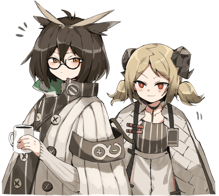 2girls ahoge arknights armband blonde_hair brown_eyes brown_hair buttons coat cup demon_horns dot_mouth eyebrows_visible_through_hair feather_hair freenote_mr glasses half-closed_eyes highres holding holding_cup horns id_card ifrit_(arknights) looking_at_another looking_at_viewer low_twintails mug multiple_girls orange_eyes rhine_lab_logo semi-rimless_eyewear shirt short_hair short_twintails silence_(arknights) simple_background standing striped striped_shirt tied_hair turtleneck twintails upper_body white_background white_coat