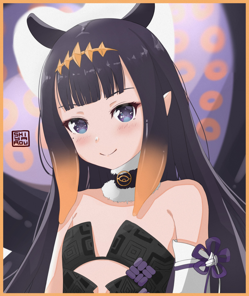 1girl absurdres artist_logo bangs black_dress black_hair blue_eyes blunt_bangs blurry border cleavage_cutout clothing_cutout depth_of_field detached_sleeves dress flat_chest fur-trimmed_choker halo highres hololive hololive_english knot long_hair looking_at_viewer mole mole_under_eye ninomae_ina'nis orange_border pointy_ears shiyarou sidelocks single_detached_sleeve smile solo strapless strapless_dress tentacle_hair tentacles upper_body very_long_hair white_sleeves