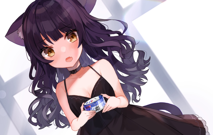 1girl absurdres animal_ears bare_shoulders black_dress breasts can canned_food cat_ears cat_tail collar curly_hair dress fang food highres holding holding_food noi_mine open_mouth original small_breasts spaghetti_strap tail