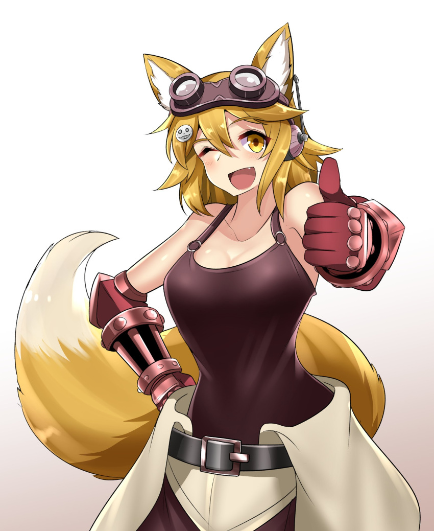 1girl altronage animal_ear_fluff animal_ears belt black_belt blonde_hair breasts commission emil_(nier) english_commentary fang goggles goggles_on_head gradient gradient_background hair_between_eyes hair_ornament highres looking_at_viewer mechanical_arms medium_breasts nier_(series) open_mouth original smile solo thumbs_up