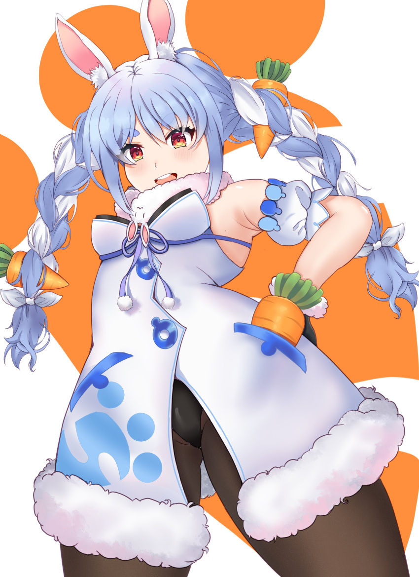 1girl absurdres animal_ears blue_hair bow braid brown_eyes brown_legwear carrot carrot_print cowboy_shot don-chan_(usada_pekora) dress food_print from_below fur-trimmed_dress fur_trim hair_bow hand_on_hip highres hitagi_otonashi hololive leotard leotard_under_clothes looking_at_viewer open_mouth pantyhose pom_pom_(clothes) rabbit_ears solo thighs twin_braids twintails usada_pekora virtual_youtuber white_background white_bow white_dress
