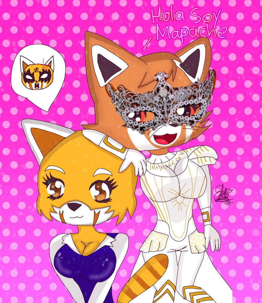 2girls absurdres aggressive_retsuko animal_ears crossover dress hand_on_another's_head highres makeup mask migetrina4ver2018 multiple_girls office_lady pink_background polka_dot polka_dot_background raccoon raccoon_(the_masked_singer) raccoon_ears raccoon_girl raccoon_tail red_panda red_panda_ears red_panda_tail retsuko spanish_text tail the_masked_singer white_dress