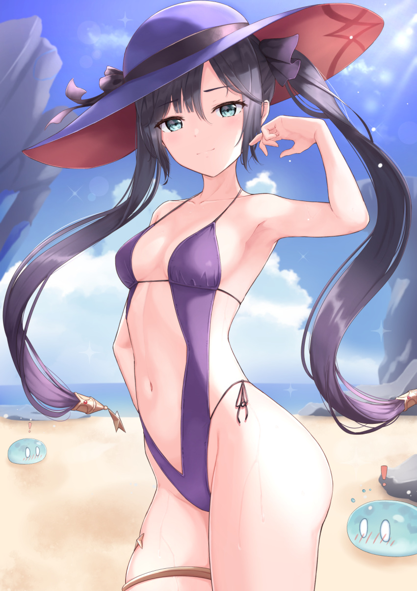 1girl adapted_costume arm_up armpits bare_arms bare_shoulders beach bikini black_choker black_hair blue_eyes breasts center_opening choker contrapposto cowboy_shot genshin_impact groin hair_ribbon hand_on_hip hat highres long_hair looking_at_viewer marinesnow mona_(genshin_impact) navel one-piece_swimsuit outdoors purple_headwear purple_swimsuit ribbon side-tie_bikini sketch slime small_breasts smile solo spaghetti_strap standing stomach string_bikini sun_hat sunlight swimsuit thigh_strap thighs twintails