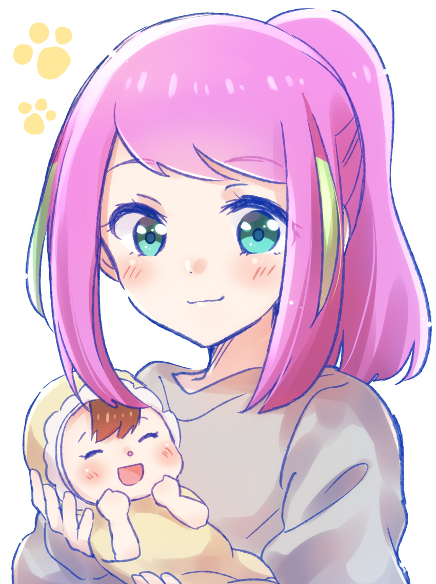 1girl :d ^_^ absurdres aqua_eyes baby brown_hair closed_eyes eyebrows_visible_through_hair green_hair hashimoto_nyaa highres holding_baby mother_and_child multicolored_hair nyaa_(nnekoron) open_mouth osomatsu-san pink_hair ponytail smile streaked_hair two-tone_hair upper_body white_background