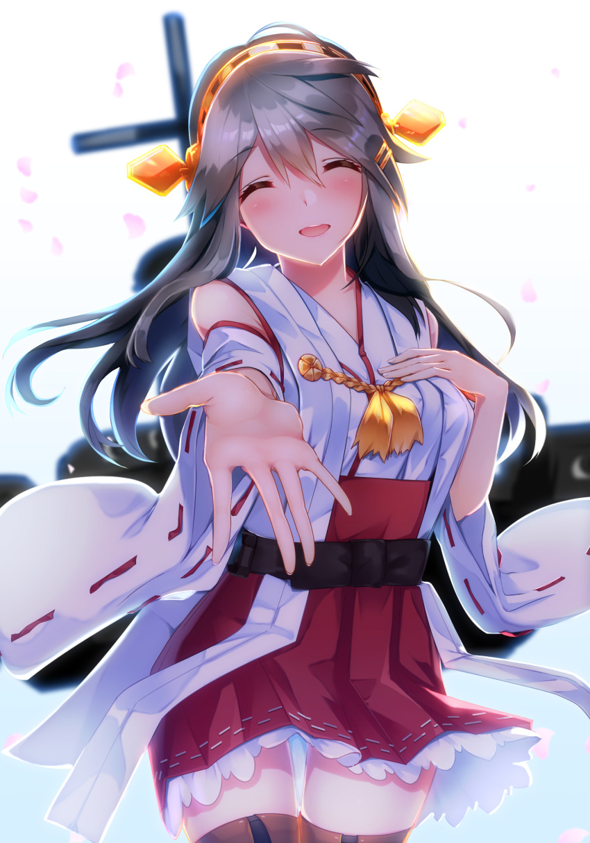 1girl bangs bare_shoulders black_hair blush boots breasts closed_eyes commentary_request detached_sleeves eyebrows_visible_through_hair hair_ornament hairband hairclip hand_on_own_chest haruna_(kantai_collection) headgear highres japanese_clothes kantai_collection long_hair nontraditional_miko open_mouth petals reaching_out ribbon-trimmed_sleeves ribbon_trim skirt solo tears thigh-highs thigh_boots tsukui_kachou