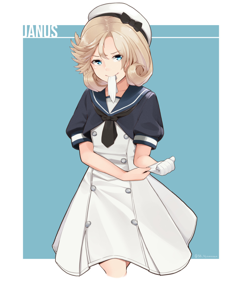 1girl bangs befu black_neckwear blonde_hair blue_eyes blue_sailor_collar border character_name dress gloves gloves_removed hat highres janus_(kantai_collection) kantai_collection looking_at_viewer mouth_hold parted_bangs sailor_collar sailor_dress sailor_hat short_hair short_sleeves single_glove solo two-tone_background white_border white_dress white_gloves white_headwear