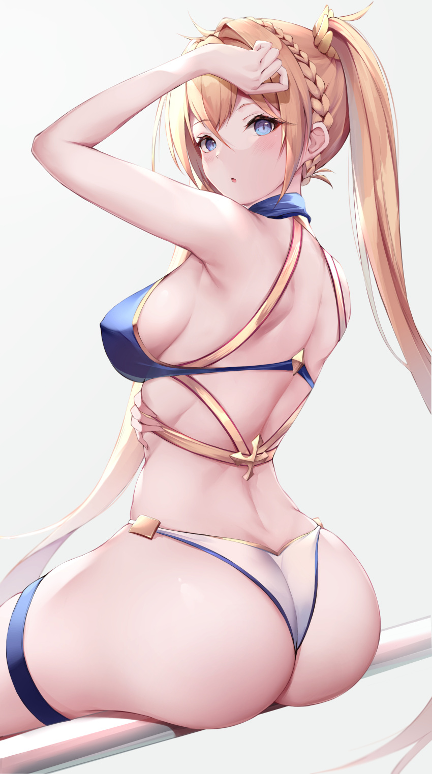 1girl :o absurdres arm_up armpits ass back bare_arms bare_shoulders bikini blonde_hair blue_bikini blue_eyes blush bradamante_(fate/grand_order) braid breasts fate/grand_order fate_(series) from_behind hair_intakes highres kisaki_oni long_hair looking_at_viewer looking_back medium_breasts mismatched_bikini parted_lips sideboob simple_background sitting solo swimsuit thigh_strap twintails very_long_hair white_background white_bikini