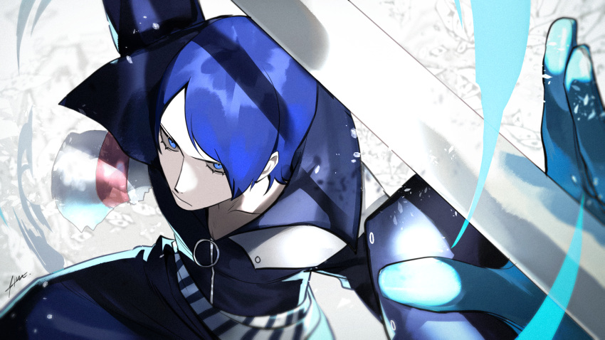 1boy blue_eyes blue_gloves blue_hair btmr_game closed_mouth gloves highres holding holding_sword holding_weapon katana kitagawa_yuusuke long_sleeves male_focus persona persona_5 popped_collar signature solo sword weapon