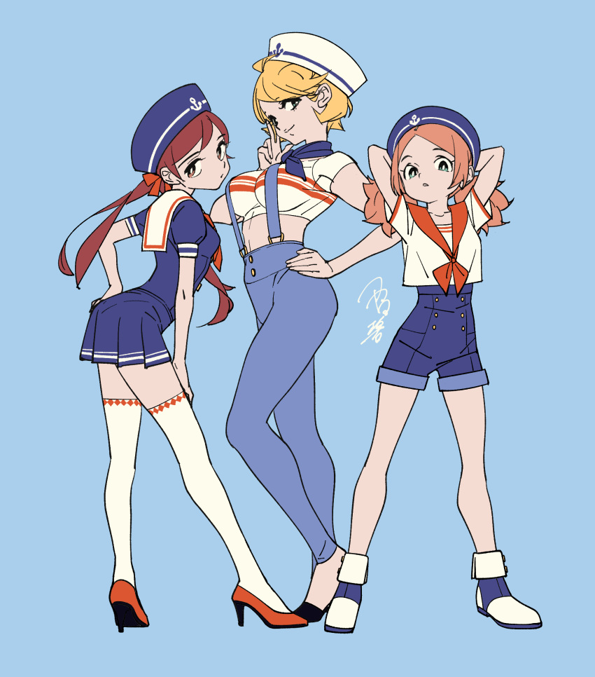 3girls anchor_symbol aqua_eyes arms_behind_head black_footwear blonde_hair blue_background blue_pants blue_shorts blue_skirt breasts brown_eyes brown_hair dress hair_ribbon hand_on_hip hat high_heels highres large_breasts long_hair looking_at_viewer midriff multiple_girls original pants pleated_skirt red_footwear red_sailor_collar ribbon sailor sailor_collar sailor_dress sailor_hat short_hair short_sleeves shorts signature simple_background skirt strap_gap suspenders tayama_midori twintails white_sailor_collar