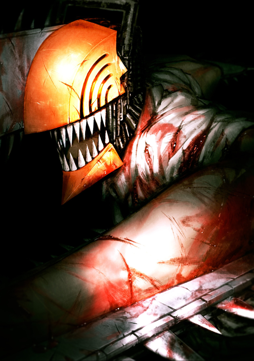 1boy absurdres artist_request black_background bleeding blood bloody_clothes bloody_weapon chainsaw chainsaw_man collared_shirt denji_(chainsaw_man) glowing glowing_eye highres hybrid injury official_art open_mouth scar sharp_teeth shirt solo teeth upper_body weapon white_shirt