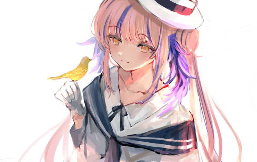 1girl absurdres arknights bird bird_on_hand ceylon_(arknights) collarbone commentary double_bun eyebrows_visible_through_hair gloves hat highres looking_at_animal maria_(syake-uni) multicolored_hair pink_hair sailor_collar shirt sketch smile solo streaked_hair tied_hair upper_body white_background white_gloves white_shirt yellow_eyes