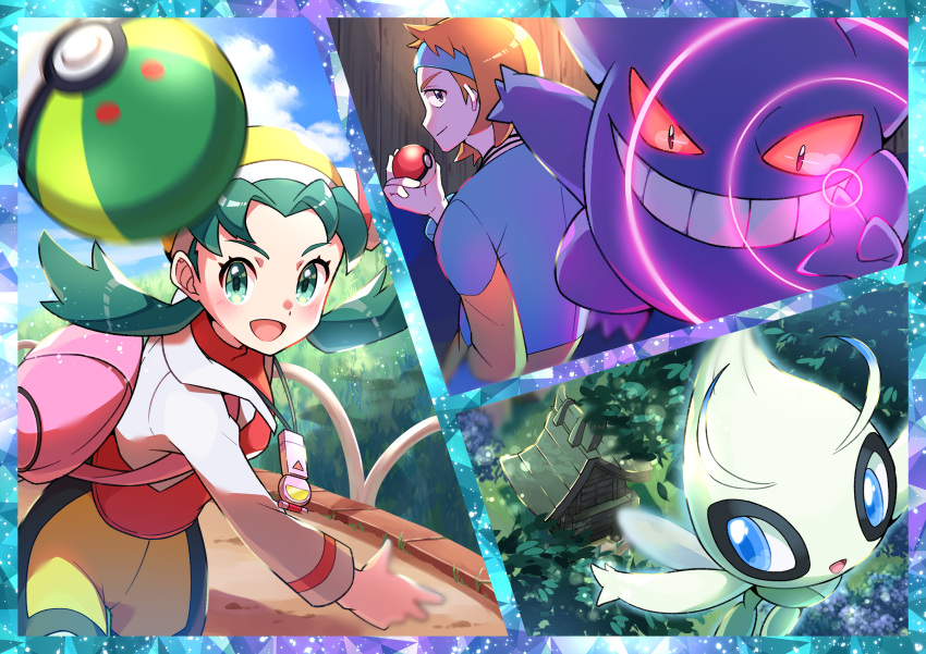 1boy 1girl absurdres bangs blue_headband blush celebi clouds commentary_request cropped_jacket day eyelashes friend_ball gen_1_pokemon gen_2_pokemon gengar green_eyes green_hair headband highres holding holding_poke_ball ilex_forest jacket kris_(pokemon) long_hair long_sleeves morty_(pokemon) mythical_pokemon open_mouth outdoors parted_bangs pink_bag poke_ball poke_ball_(basic) pokemon pokemon_(creature) pokemon_(game) pokemon_gsc pon_yui shiny shiny_hair sky throwing tongue twintails white_jacket