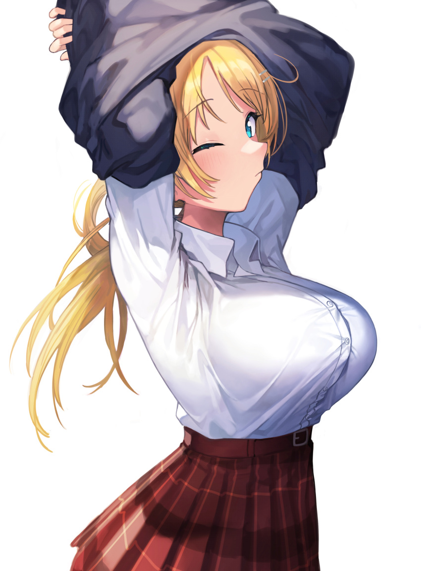 1girl absurdres arms_up bangs belt black_sweater blonde_hair blue_eyes breasts buttons closed_mouth clothes_lift collared_shirt commentary_request cowboy_shot dress_shirt eyebrows_visible_through_hair from_side hachimiya_meguru hair_ornament hairclip highres idolmaster idolmaster_shiny_colors large_breasts lifted_by_self light_blush long_hair looking_at_viewer looking_to_the_side miniskirt one_eye_closed plaid plaid_skirt pleated_skirt red_skirt school_uniform shirt sideways_glance signalviolet simple_background skirt solo standing sweater sweater_lift swept_bangs undressing white_background white_shirt