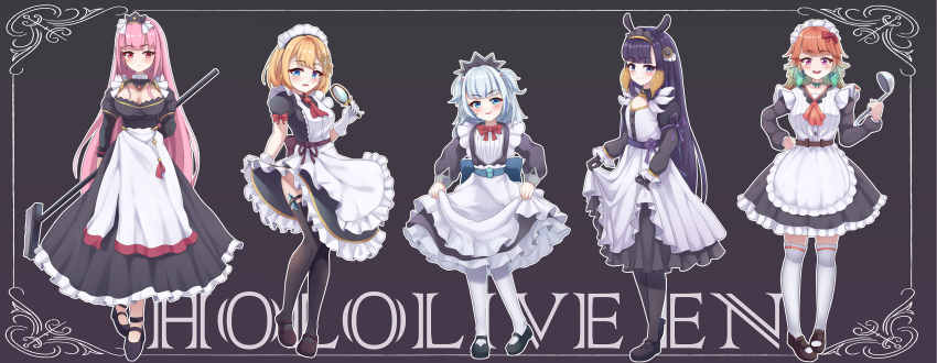 5girls absurdres adapted_costume alternate_costume apron ascot bangs belt black_choker black_dress black_gloves black_legwear blonde_hair blue_eyes border bow bow_choker bowtie breasts brown_background cargo_(pixiv27244088) choker crossed_legs curtsey dress dress_lift earrings enmaided feather_earrings feathers flat_chest frilled_apron frills full_body gawr_gura gloves gradient_hair green_hair hair_ornament hairband hand_on_hip highres holding holding_ladle holding_mop hololive hololive_english holomyth jewelry kneehighs knot ladle large_breasts loafers long_hair long_sleeves looking_at_viewer maid maid_headdress mary_janes medium_breasts messy_hair monocle_hair_ornament mop mori_calliope multicolored_hair multiple_girls ninomae_ina'nis orange_hair pantyhose pink_eyes pink_hair purple_hair red_eyes sharp_teeth shoes short_sleeves simple_background smile swept_bangs takanashi_kiara teeth tentacle_hair thigh-highs thigh_strap two_side_up very_long_hair violet_eyes virtual_youtuber watson_amelia watson_cross white_border white_gloves white_legwear