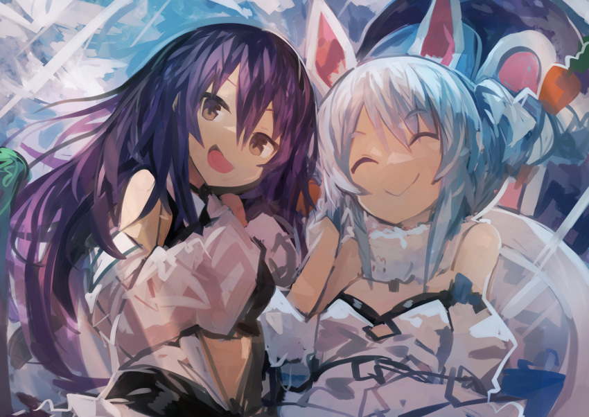 2girls alternate_eye_color animal_ears blue_hair blue_sky braid breasts brown_eyes building carrot closed_eyes clouds cloudy_sky crescent_moon day don-chan_(usada_pekora) dress highres hololive hololive_indonesia jacket kaamin_(mariarose753) looking_at_viewer minecraft moon moona_hoshinova multiple_girls off-shoulder_jacket outdoors purple_hair rabbit_ears sidelocks sketch sky small_breasts smile twin_braids twintails usada_kensetsu usada_pekora white_dress white_jacket window yellow_eyes
