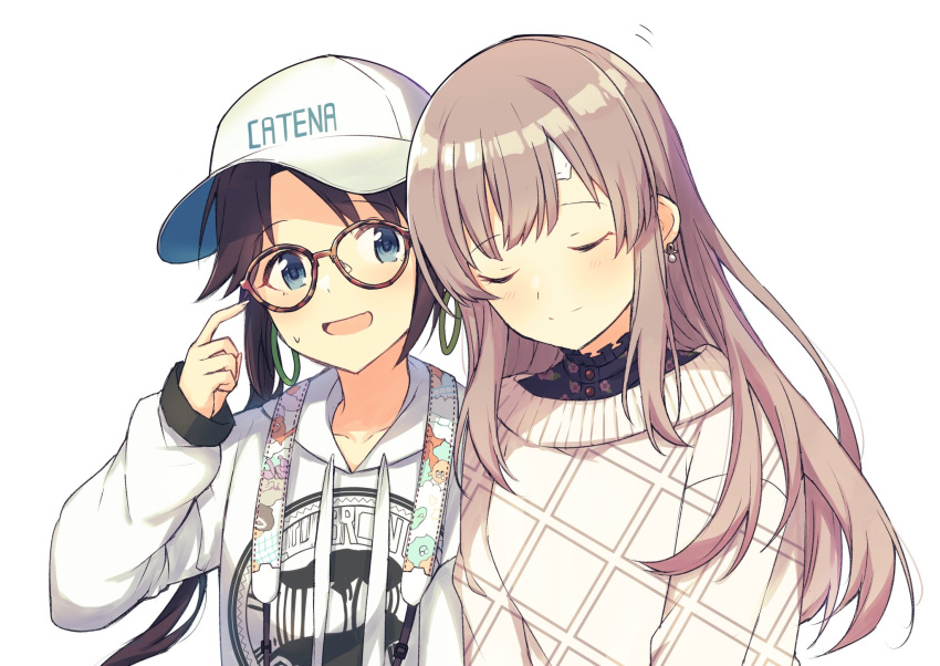 2girls :d baseball_cap black_hair black_shirt blue_eyes blush brown-framed_eyewear brown_hair closed_eyes closed_mouth collarbone commentary_request drawstring earrings floral_print glasses hand_up hanetsuka hat highres hood hood_down hoodie idolmaster idolmaster_shiny_colors jewelry long_hair long_sleeves mitsumine_yuika multiple_girls open_mouth print_shirt shirt simple_background sleeves_past_wrists smile sweat sweater very_long_hair white_background white_headwear white_hoodie white_sweater yuukoku_kiriko