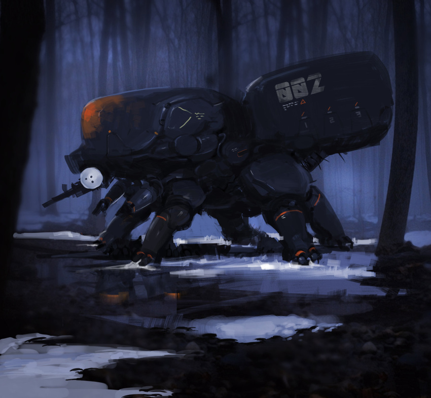bare_tree extra_legs forest from_side gun highres korean_commentary mecha nature no_humans open_hands original science_fiction siku199 solo tree weapon
