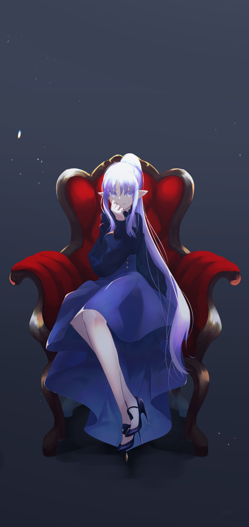 1girl absurdres bangs black_sweater blue_footwear blue_skirt caster_lily chair closed_mouth fate/grand_order fate_(series) full_body grey_background hair_between_eyes high-waist_skirt high_heels high_ponytail highres long_hair long_skirt long_sleeves looking_at_viewer pointy_ears pumps shin'ya_(yukiura) sidelocks silver_hair sitting skirt smile solo sweater very_long_hair violet_eyes