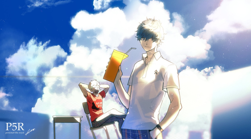 2boys amamiya_ren bangs black_hair blonde_hair btmr_game carton chair closed_eyes clothes_writing clouds copyright_name day drinking_straw hair_between_eyes hand_in_pocket highres holding male_focus multiple_boys outdoors pants persona persona_5 persona_5_the_royal plaid plaid_pants red_shirt sakamoto_ryuuji shirt signature sitting sky smile white_shirt yawning