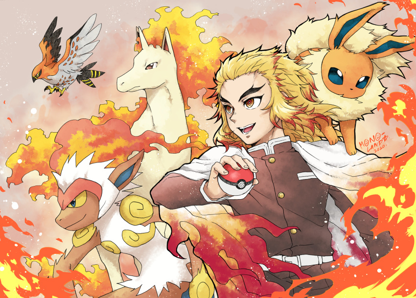 1girl :d absurdres belt belt_buckle bird blonde_hair brown_jacket brown_pants buckle cape character_request commentary_request fire flareon gen_1_pokemon gen_4_pokemon gen_6_pokemon gradient_hair highres holding holding_poke_ball infernape jacket kimetsu_no_yaiba long_hair long_sleeves monkey mono_land multicolored_hair open_mouth pants poke_ball poke_ball_(basic) pokemon pokemon_(creature) rapidash red_eyes redhead rengoku_kyoujurou smile talonflame white_belt white_cape