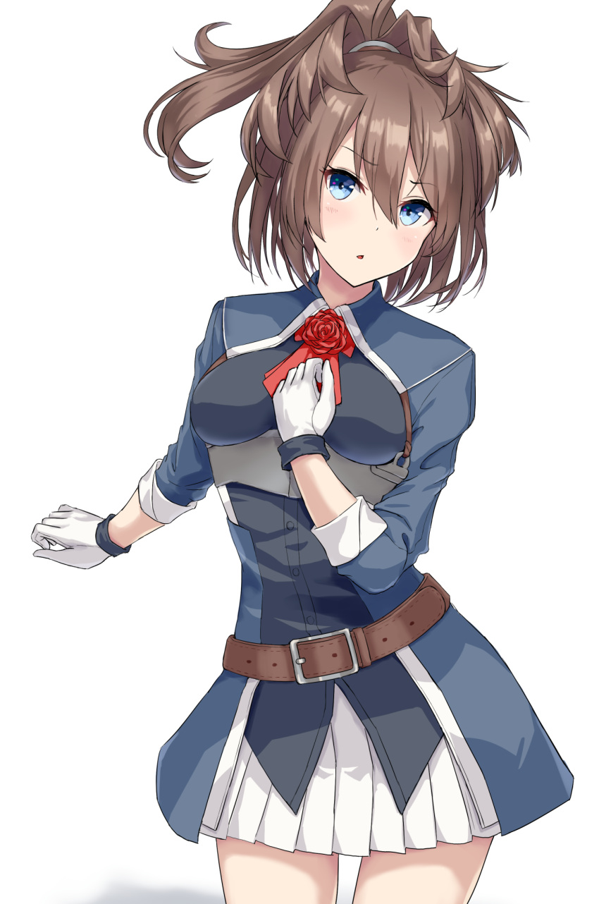 1girl ascot belt belt_buckle blue_eyes blush brown_belt brown_hair buckle buttons cowboy_shot eyebrows_visible_through_hair flower gloves hair_between_eyes highres kantai_collection long_sleeves medium_hair messy_hair military military_uniform monoku parted_lips pleated_skirt ponytail red_flower red_neckwear red_rose rose sheffield_(kantai_collection) simple_background skirt solo uniform white_background white_gloves white_skirt