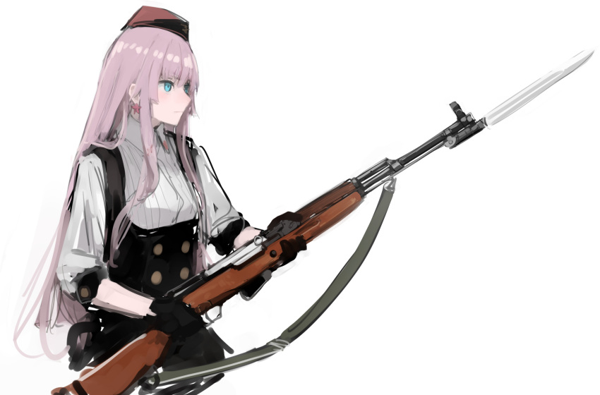 1girl bangs bayonet beret black_dress black_gloves blue_eyes closed_mouth collar collared_shirt dress ear_piercing earrings from_side girls_frontline gloves gun hair_between_eyes hat highres holding holding_gun holding_weapon jewelry long_hair looking_away piercing pink_hair rampart1028 red_headwear rifle shirt sidelocks simonov_(girls_frontline) sks solo standing star_(symbol) upper_body weapon