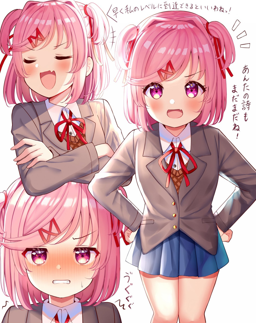 1girl :d ^_^ bangs blue_skirt blush clenched_teeth close-up closed_eyes collared_shirt commentary_request crossed_arms doki_doki_literature_club face fang grey_jacket hair_ornament hair_ribbon hairclip hands_on_hips highres jacket long_sleeves looking_at_viewer miniskirt mizukoshi_(marumi) multiple_views natsuki_(doki_doki_literature_club) nose_blush open_mouth pink_eyes pink_hair red_ribbon ribbon shirt short_hair simple_background skin_fang skirt smile teeth translation_request two_side_up white_background white_shirt wing_collar x_hair_ornament