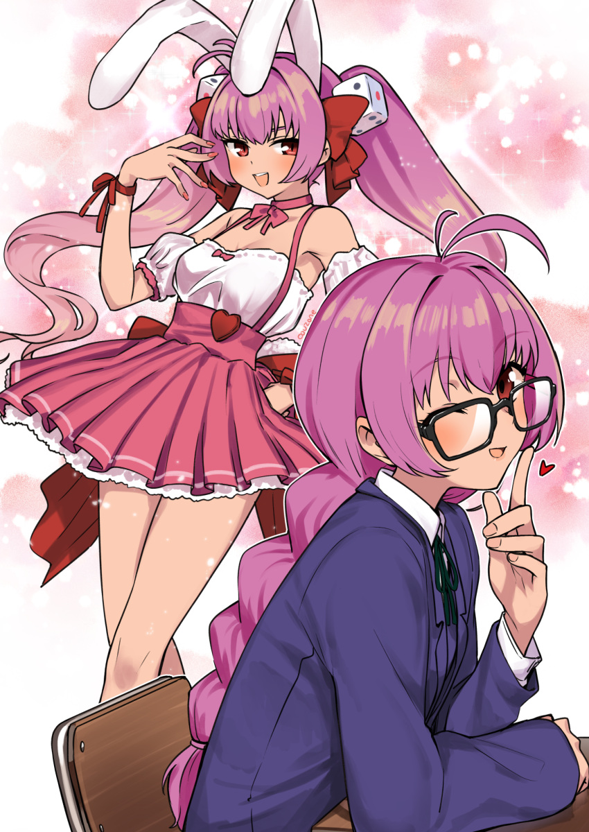 1girl :d ;d animal_ears bare_shoulders black-framed_eyewear choker commission couzone di_gi_charat dice_hair_ornament from_side glasses hair_ornament hair_ribbon highres long_hair looking_at_viewer multiple_views one_eye_closed open_mouth pink_choker pink_eyes pink_hair rabbit_ears red_eyes red_ribbon ribbon sitting skeb_commission smile twintails usada_hikaru very_long_hair