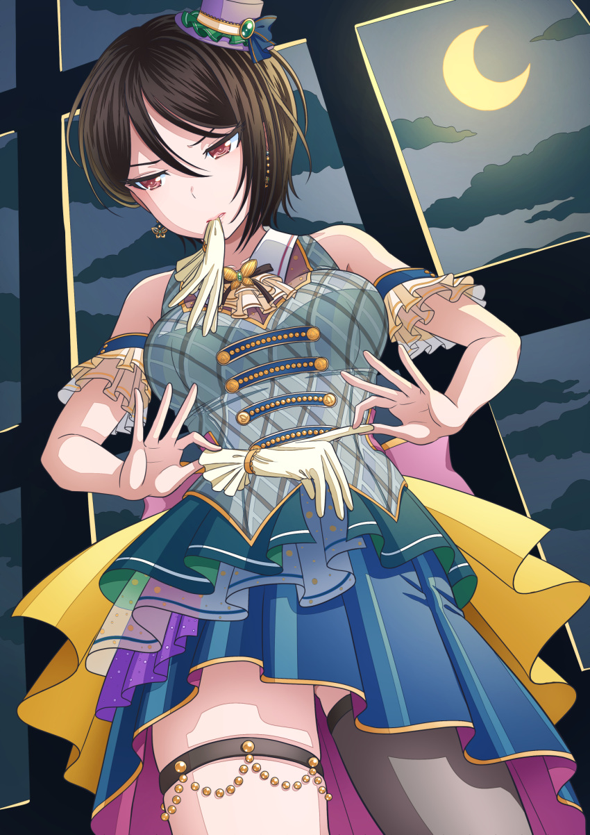 1girl arm_cuffs ass_visible_through_thighs asymmetrical_hair bang_dream! bangs bare_shoulders black_hair black_legwear blue_skirt breasts clouds collared_shirt commentary_request cowboy_shot crescent_moon earrings eyebrows_behind_hair frills gloves gloves_removed hair_between_eyes hat highres holding holding_clothes holding_gloves indoors jewelry kitayu large_breasts layered_skirt looking_away mini_hat moon mouth_hold night night_sky pink_eyes plaid plaid_shirt shirt short_hair single_sidelock single_thighhigh skirt sky sleeveless sleeveless_shirt solo standing thigh-highs thigh_strap yashio_rui