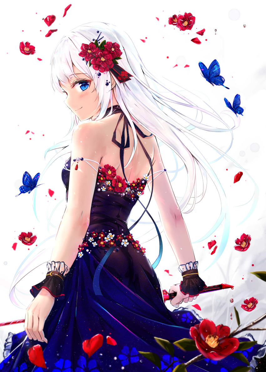 1girl absurdres animal bangs bare_shoulders blue_dress blue_eyes blush bug butterfly closed_mouth commentary_request dress eyebrows_visible_through_hair flower from_behind hair_flower hair_ornament highres holding holding_sword holding_weapon insect long_hair looking_at_viewer looking_back na_kyo original red_flower smile solo sword very_long_hair weapon white_background white_flower white_hair wrist_cuffs