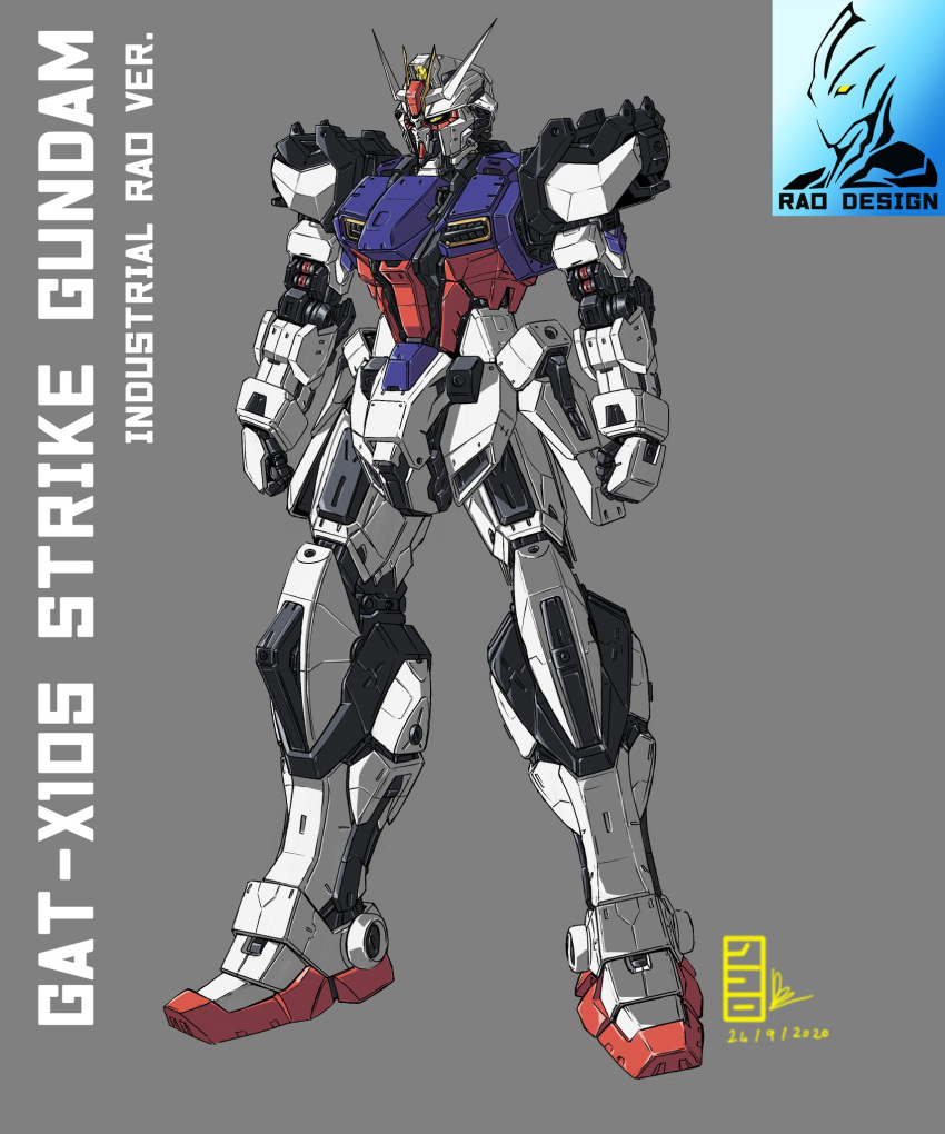 character_name clenched_hands dated grey_background gundam gundam_seed highres mecha no_humans pravin_rao_santheran redesign science_fiction solo strike_gundam v-fin yellow_eyes