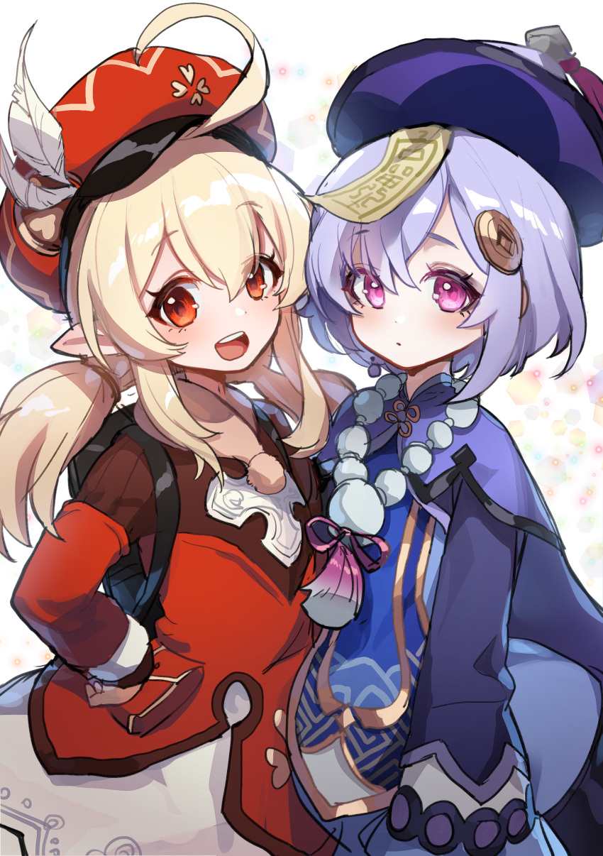 2girls :d absurdres bag bead_necklace beads blonde_hair braid braided_ponytail cabbie_hat dress genshin_impact gloves hat highres jewelry jiangshi klee_(genshin_impact) long_sleeves multiple_girls necklace open_mouth osuti pointy_ears purple_hair qiqi red_eyes short_twintails smile twintails violet_eyes