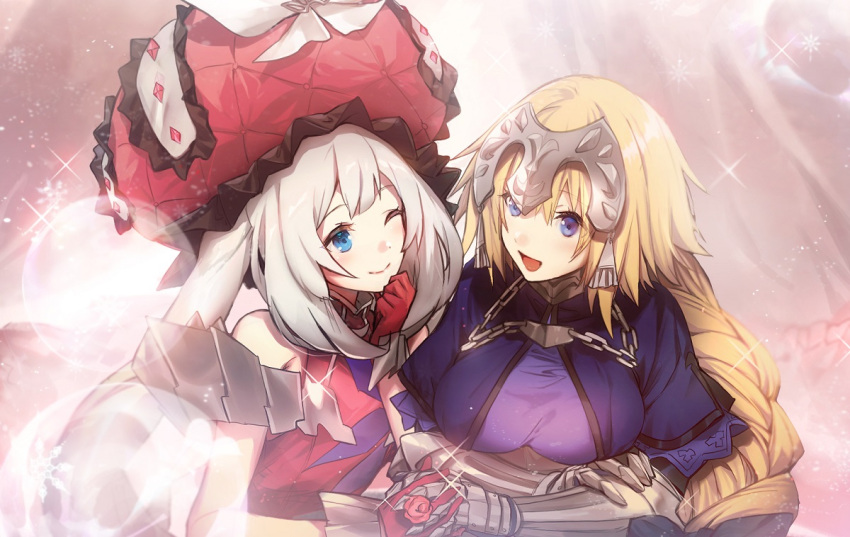 2girls :d ;) bangs blonde_hair blue_eyes braid braided_ponytail breasts closed_mouth eyebrows_visible_through_hair fate/grand_order fate_(series) flower gauntlets gloves hair_between_eyes hat headpiece holding_hands interlocked_fingers jeanne_d'arc_(fate) jeanne_d'arc_(fate)_(all) lens_flare long_hair marie_antoinette_(fate/grand_order) medium_breasts multiple_girls no-kan one_eye_closed open_mouth ponytail red_flower red_gloves red_headwear red_rose rose shiny shiny_hair silver_hair sleeveless smile sparkle upper_body very_long_hair yuri