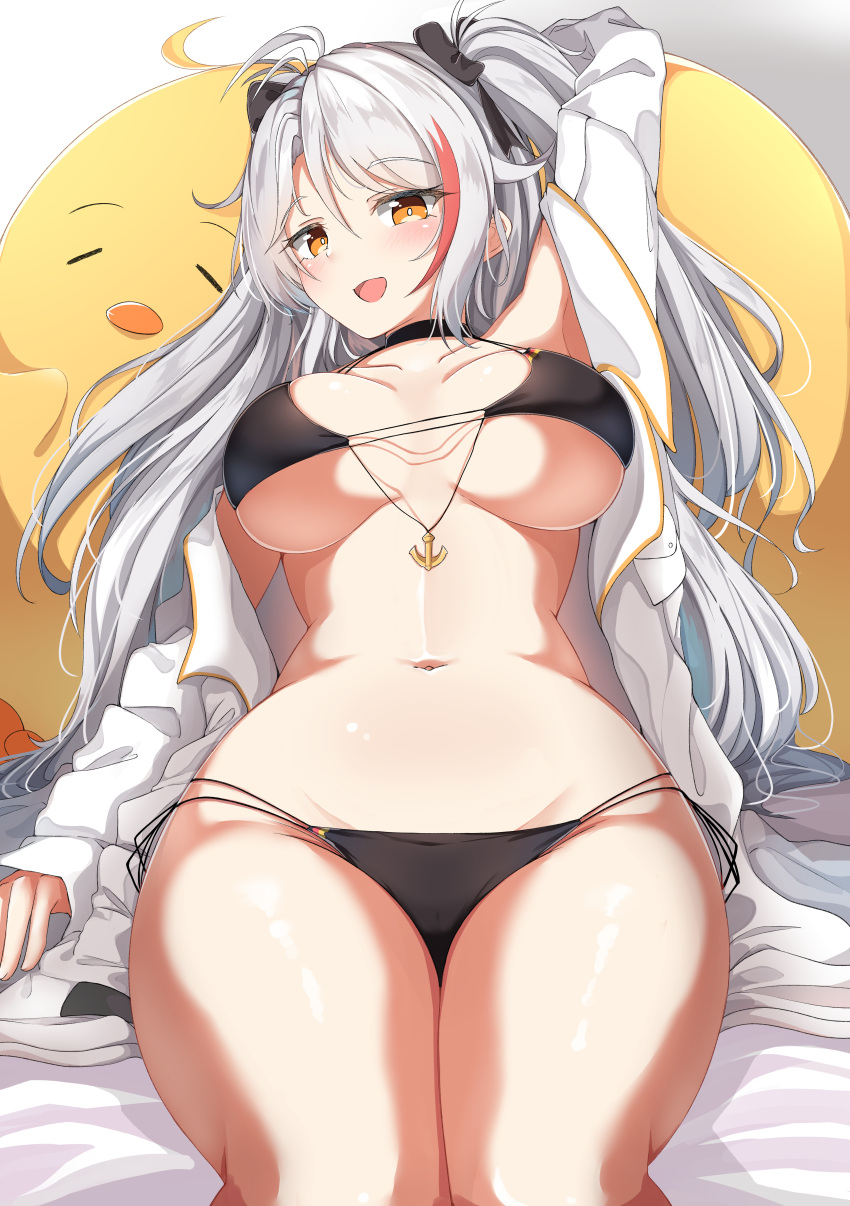 1girl :d absurdres antenna_hair arm_up azur_lane bangs bare_shoulders bed_sheet bikini black_bikini blush breasts breasts_apart collarbone eyebrows_visible_through_hair feet_out_of_frame hair_between_eyes highres jacket large_breasts long_hair long_sleeves looking_at_viewer lying manjuu_(azur_lane) moyoron multicolored_hair navel off_shoulder on_back open_clothes open_jacket open_mouth orange_eyes prinz_eugen_(azur_lane) prinz_eugen_(unfading_smile)_(azur_lane) redhead silver_hair sleeves_past_wrists smile solo streaked_hair swimsuit two_side_up very_long_hair white_jacket