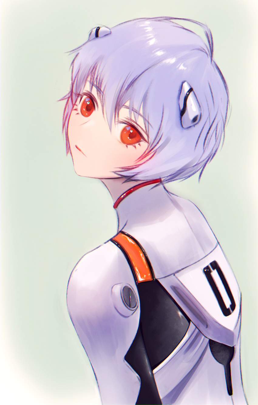 1girl absurdres ayanami_rei bangs bodysuit closed_mouth grey_background hair_between_eyes head_tilt headgear highres huge_filesize looking_at_viewer neon_genesis_evangelion red_eyes seoyul shiny shiny_hair short_hair silver_hair simple_background solo upper_body white_bodysuit