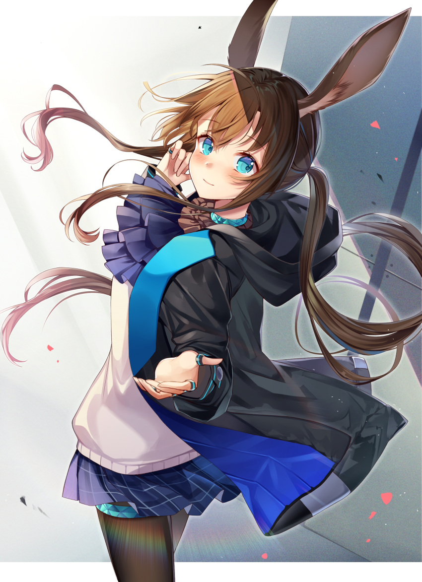 1girl absurdres amiya_(arknights) animal_ears arknights bangs black_jacket black_legwear blue_eyes blue_neckwear blue_skirt blush brown_hair commentary cowboy_shot eyebrows_visible_through_hair highres ion_(on01e) jacket jewelry long_hair long_sleeves looking_at_viewer miniskirt neck_ring open_clothes open_jacket pantyhose pleated_skirt rabbit_ears shirt skirt smile solo standing thighlet white_shirt