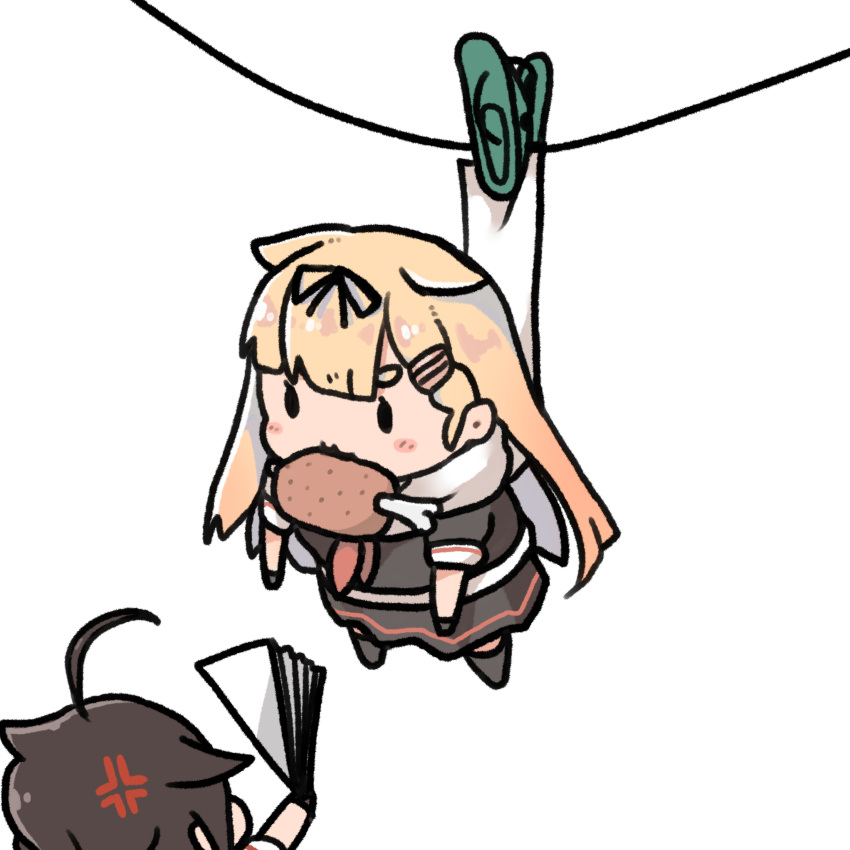 2girls absurdres ahoge anger_vein black_hair black_ribbon black_serafuku blonde_hair blush boned_meat chibi commentary_request dyson_(edaokunnsaikouya) eating food food_in_mouth hair_flaps hair_ornament hair_ribbon hairclip highres kantai_collection long_hair meat mouth_hold multiple_girls remodel_(kantai_collection) ribbon scarf school_uniform serafuku shigure_(kantai_collection) simple_background skirt white_background white_scarf yuudachi_(kantai_collection)